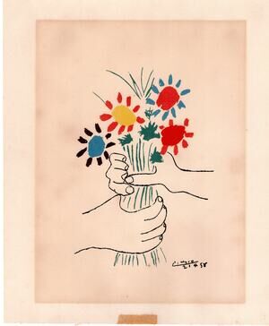 Pablo Picasso Bouquet Of Peace Hand with Flowers Print 11x13 Vintage Modern Art